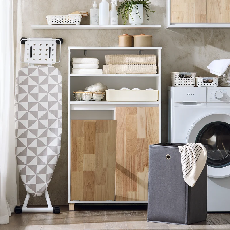 SoBuy BZR143-WN Meuble Bas de Salle de Bain avec Bac à Linge Amovible avec 3 Compartiments et 1 Panier à Linge