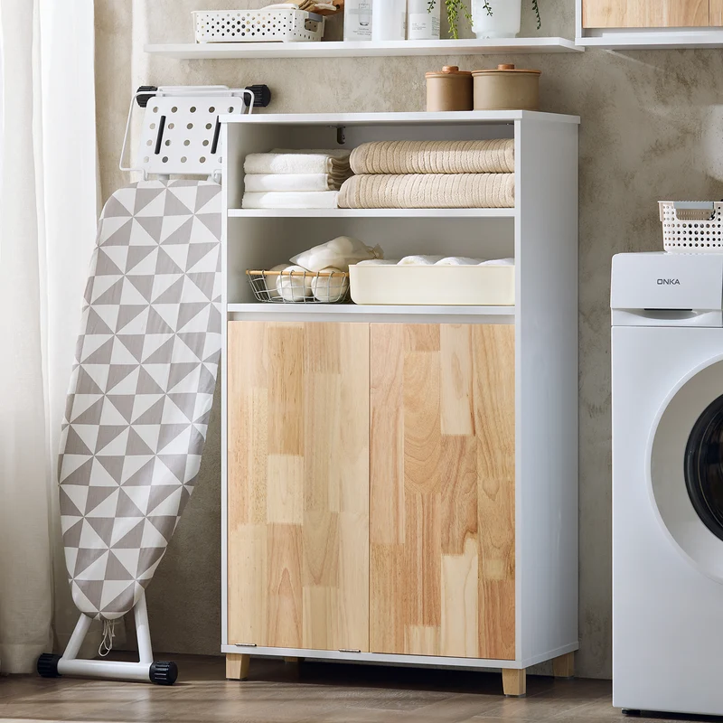 SoBuy BZR143-WN Meuble Bas de Salle de Bain avec Bac à Linge Amovible avec 3 Compartiments et 1 Panier à Linge
