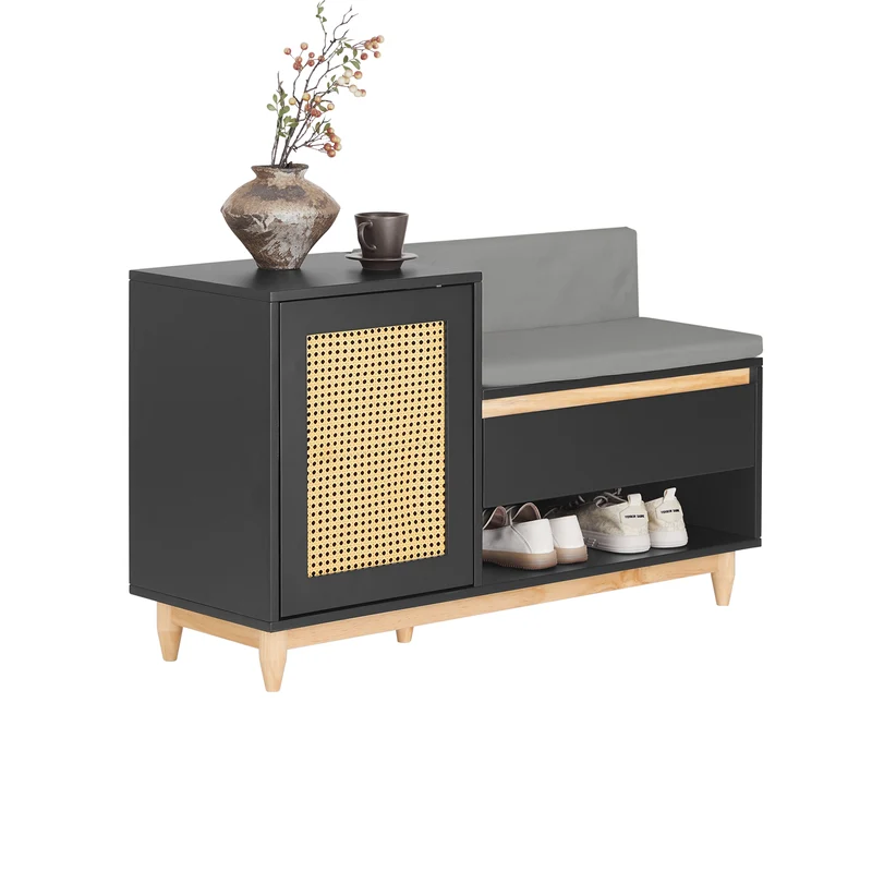SoBuy FSR128-SCH Banc à Chaussures avec Tiroir, Porte à Treillis et Coussin Confortable, pour Entrée et Couloir, Rangement Optimisé – L100×P35×H60 cm, Noir