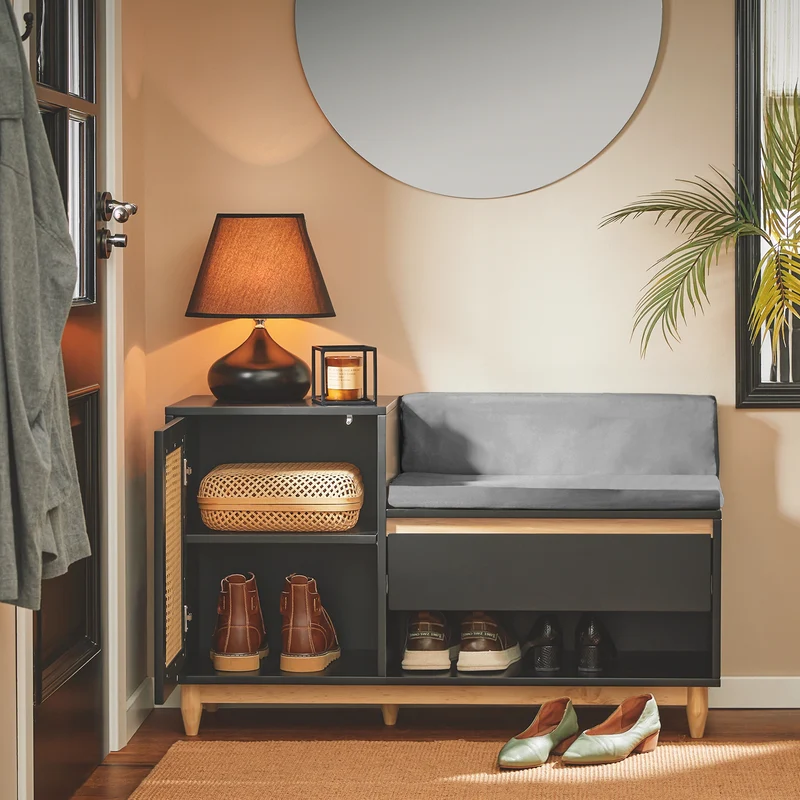 SoBuy FSR128-SCH Banc à Chaussures avec Tiroir, Porte à Treillis et Coussin Confortable, pour Entrée et Couloir, Rangement Optimisé – L100×P35×H60 cm, Noir