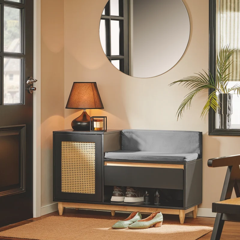 SoBuy FSR128-SCH Banc à Chaussures avec Tiroir, Porte à Treillis et Coussin Confortable, pour Entrée et Couloir, Rangement Optimisé – L100×P35×H60 cm, Noir
