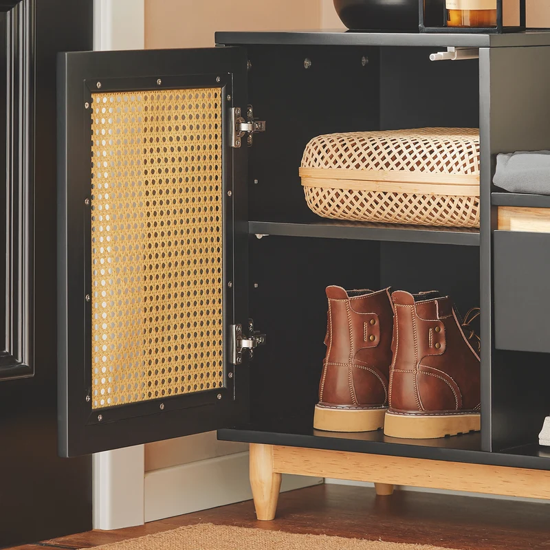 SoBuy FSR128-SCH Banc à Chaussures avec Tiroir, Porte à Treillis et Coussin Confortable, pour Entrée et Couloir, Rangement Optimisé – L100×P35×H60 cm, Noir