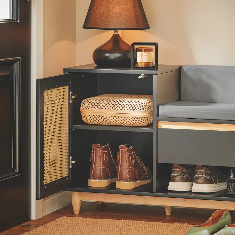 SoBuy FSR128-SCH Banc à Chaussures avec Tiroir, Porte à Treillis et Coussin Confortable, pour Entrée et Couloir, Rangement Optimisé – L100×P35×H60 cm, Noir