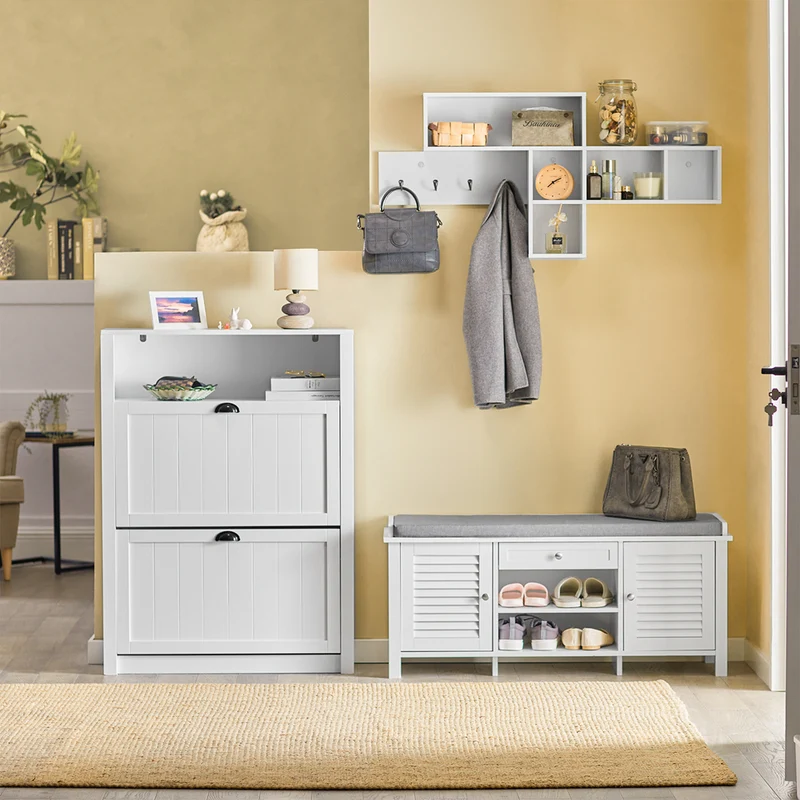 SoBuy FSR83-W Banc à Chaussures avec Coussin Rembourré et Rangement pour Entrée Couloir – 110x35x50 cm, Blanc