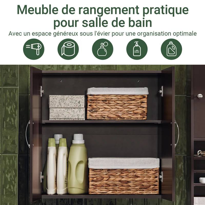 SoBuy FRG231-BR Meuble Haut Salle de Bain Suspendu Armoire Murale avec Étagère Réglable et Porte Rangement Mural Compact pour Salle de Bain, WC ou Cuisine Marron 60x30x60 cm