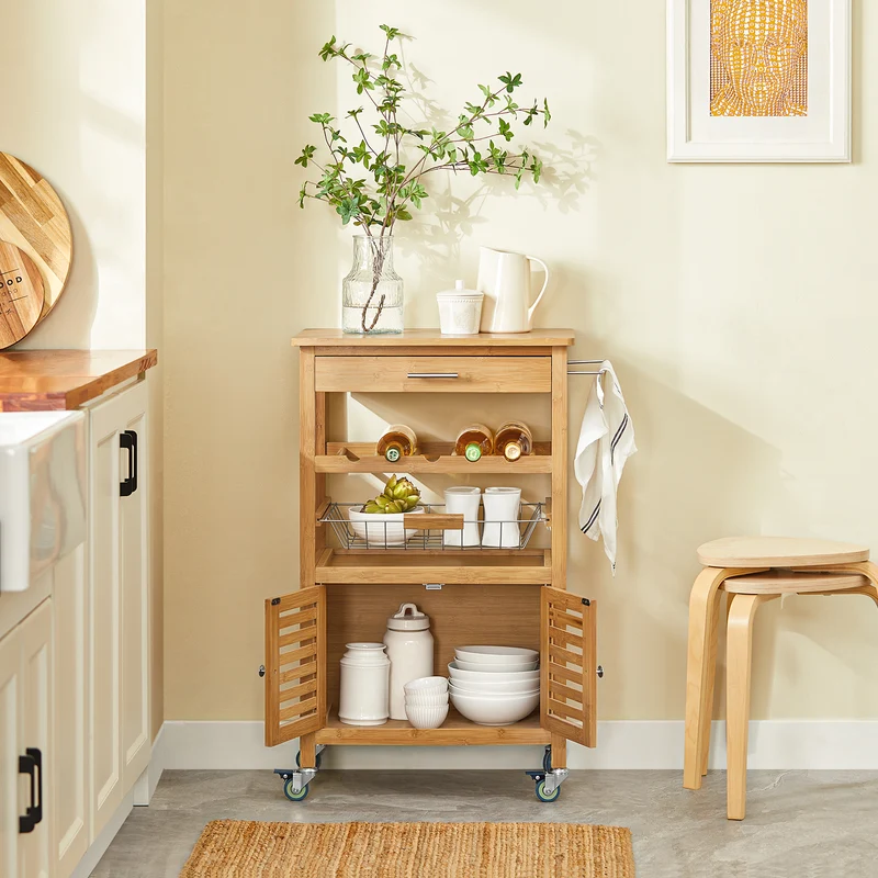 SoBuy FKW53-N Desserte cuisine Table roulante en Bambou Chariot de cuisine