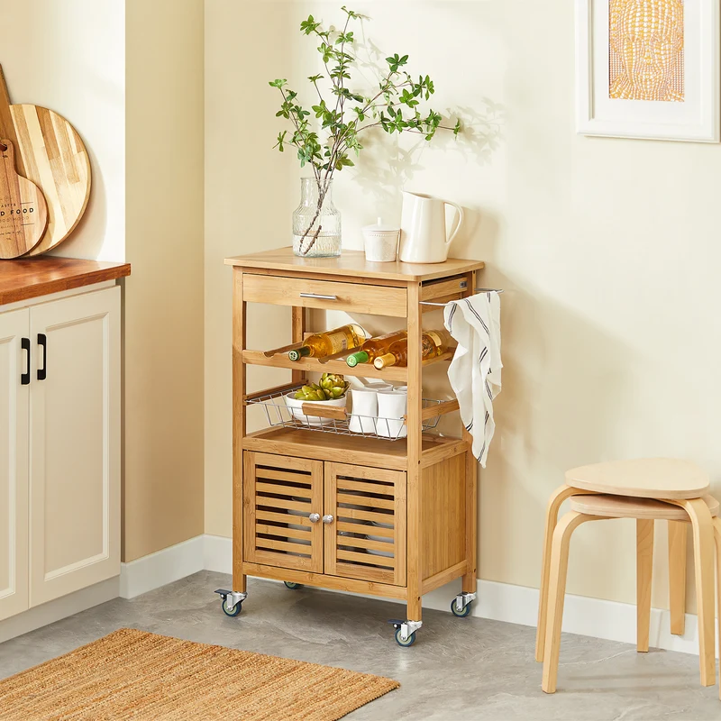 SoBuy FKW53-N Desserte cuisine Table roulante en Bambou Chariot de cuisine