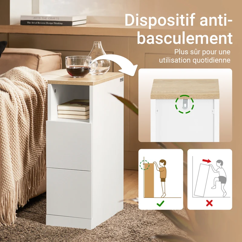 SoBuy FBT149-WN Table de Chevet Étroit 20 cm, 2 Tiroirs et Étagère – Table de Nuit Slim Gain de Place, Blanc Naturel