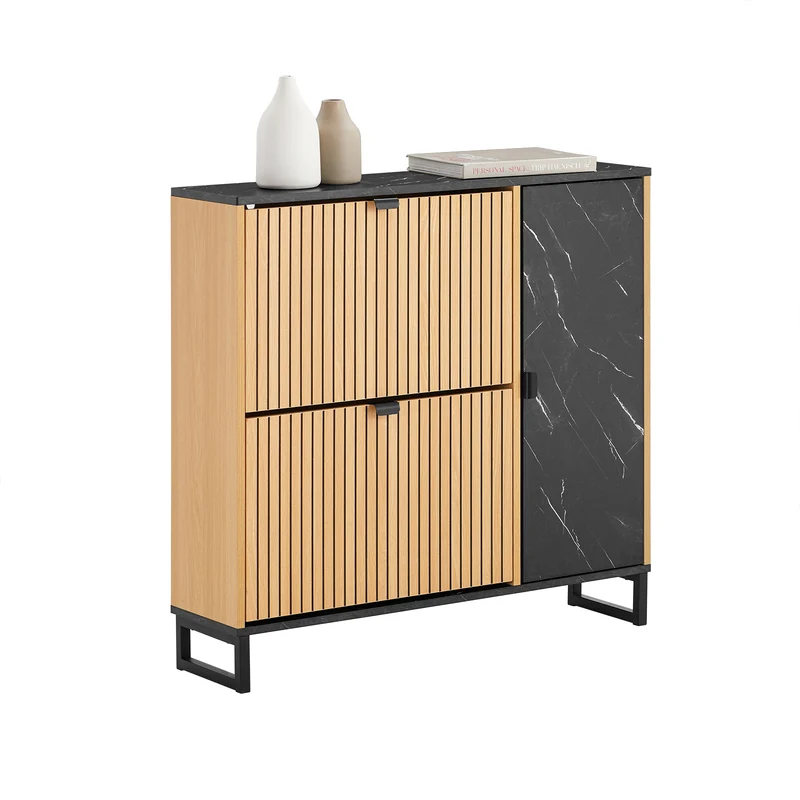 SoBuy FSR203-N Armoire à Chaussures avec 2 Abattants et Porte Latérale – L90×P24×H88 cm, 8 Paires, Charge 60 kg, Style Nordique, Naturel et Noir