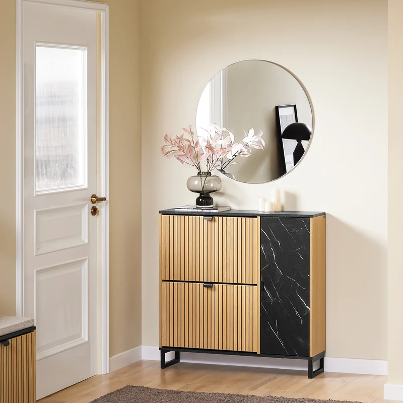 SoBuy FSR203-N Armoire à Chaussures avec 2 Abattants et Porte Latérale – L90×P24×H88 cm, 8 Paires, Charge 60 kg, Style Nordique, Naturel et Noir