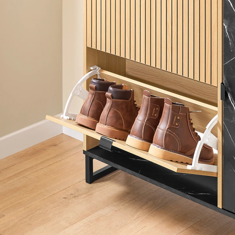 SoBuy FSR203-N Armoire à Chaussures avec 2 Abattants et Porte Latérale – L90×P24×H88 cm, 8 Paires, Charge 60 kg, Style Nordique, Naturel et Noir