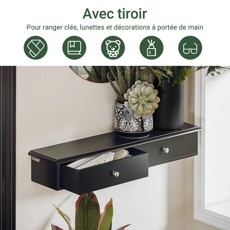 sebuyfr.comG43-SCH Etagere Murale avec 2 Tiroirs - Étagère Flottante Moderne pour Entrée, Salon, Cuisine & Chambre - Noir 64x15x10cm