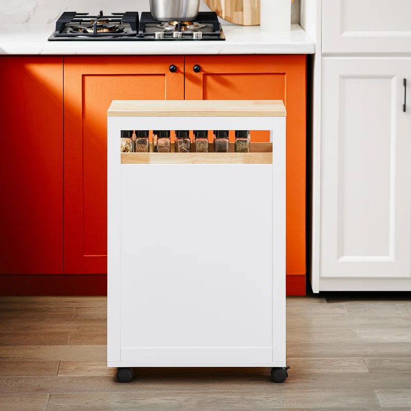 SoBuy NSR11-WN Chariot de Cuisine à Roulettes Slim 20 cm, Plan de Travail Bois, Tiroir 2 Niveaux, 4 Roulettes – L20 × P51 × H79 cm