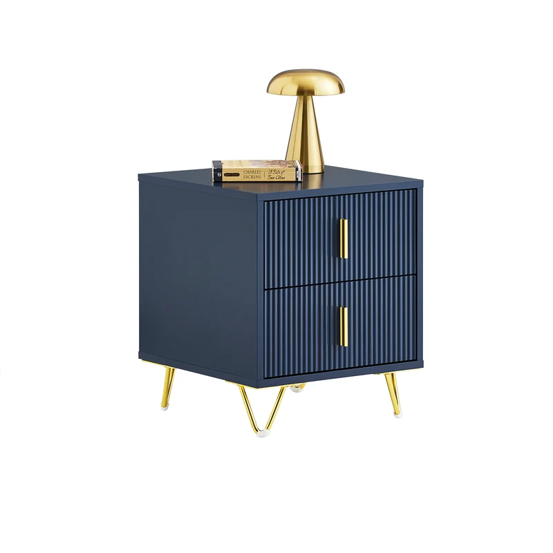 SoBuy FBT115-B Table de Chevet avec 2 Tiroirs, MDF Laqué Bleu et Pieds Métal Doré – L40×P40×H47 cm, Charge 25 kg, Style Moderne