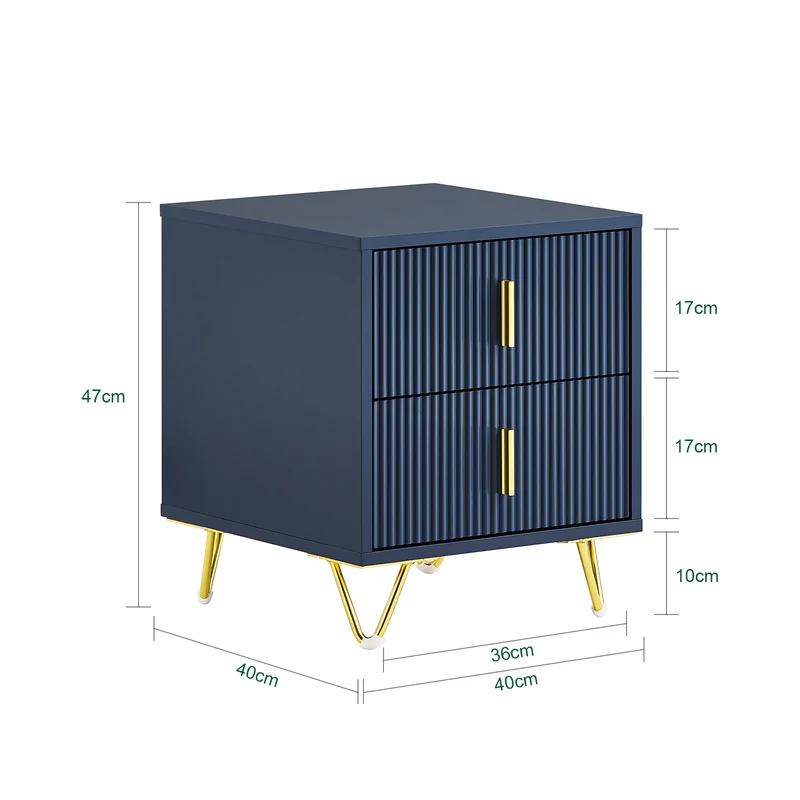 SoBuy FBT115-B Table de Chevet avec 2 Tiroirs, MDF Laqué Bleu et Pieds Métal Doré – L40×P40×H47 cm, Charge 25 kg, Style Moderne
