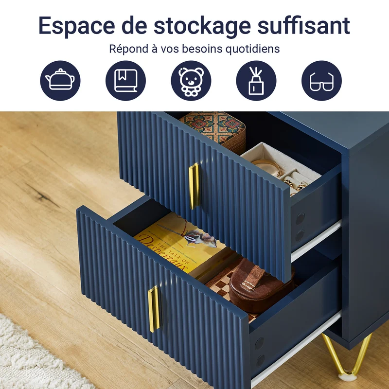 SoBuy FBT115-B Table de Chevet avec 2 Tiroirs, MDF Laqué Bleu et Pieds Métal Doré – L40×P40×H47 cm, Charge 25 kg, Style Moderne