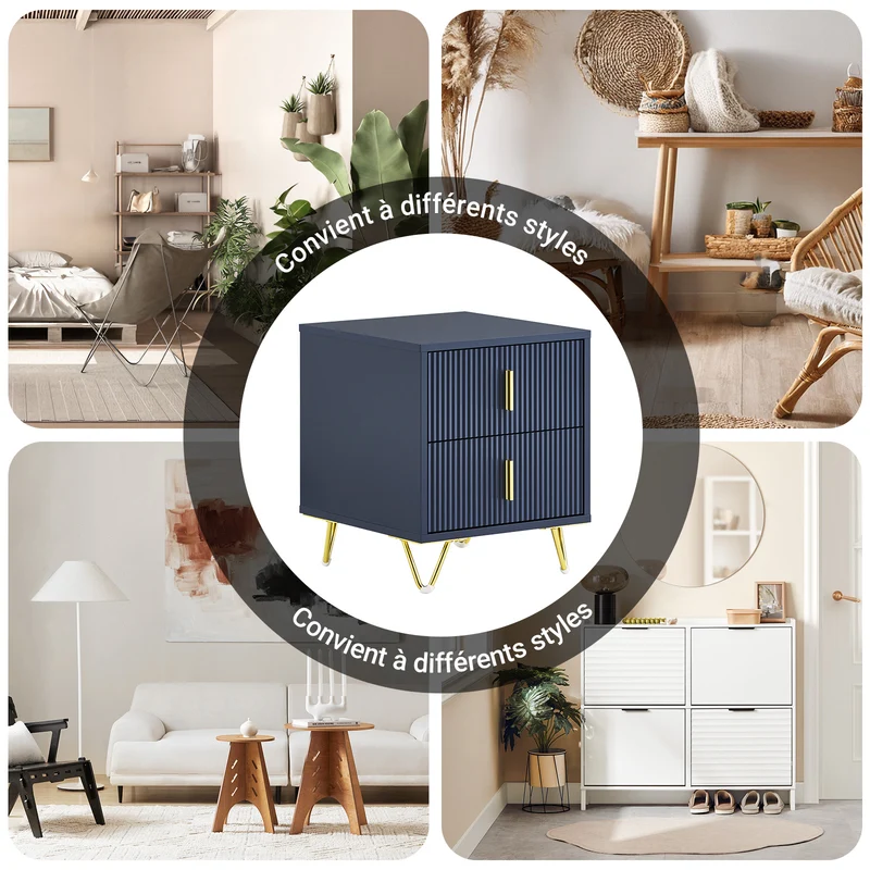 SoBuy FBT115-B Table de Chevet avec 2 Tiroirs, MDF Laqué Bleu et Pieds Métal Doré – L40×P40×H47 cm, Charge 25 kg, Style Moderne
