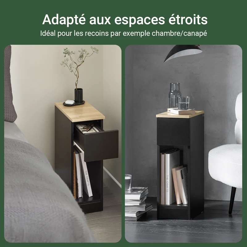 SoBuy FBT111-SCHx2 Lot de 2 Tables de Chevet Fines avec Tiroir et Étagère – L20 × P35 × H60 cm, Noir
