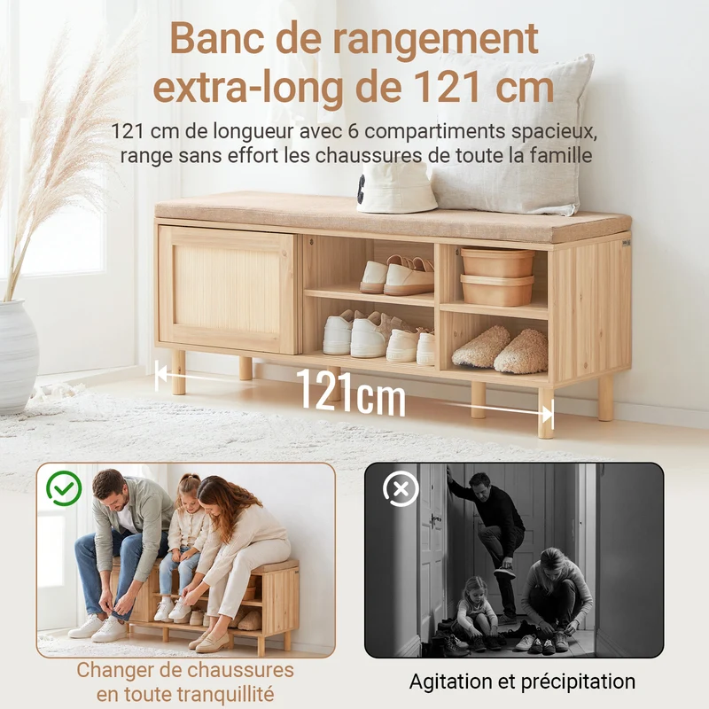 SoBuy FSR163-N Banc à Chaussures avec Coussin et Portes Coulissantes – Naturel
