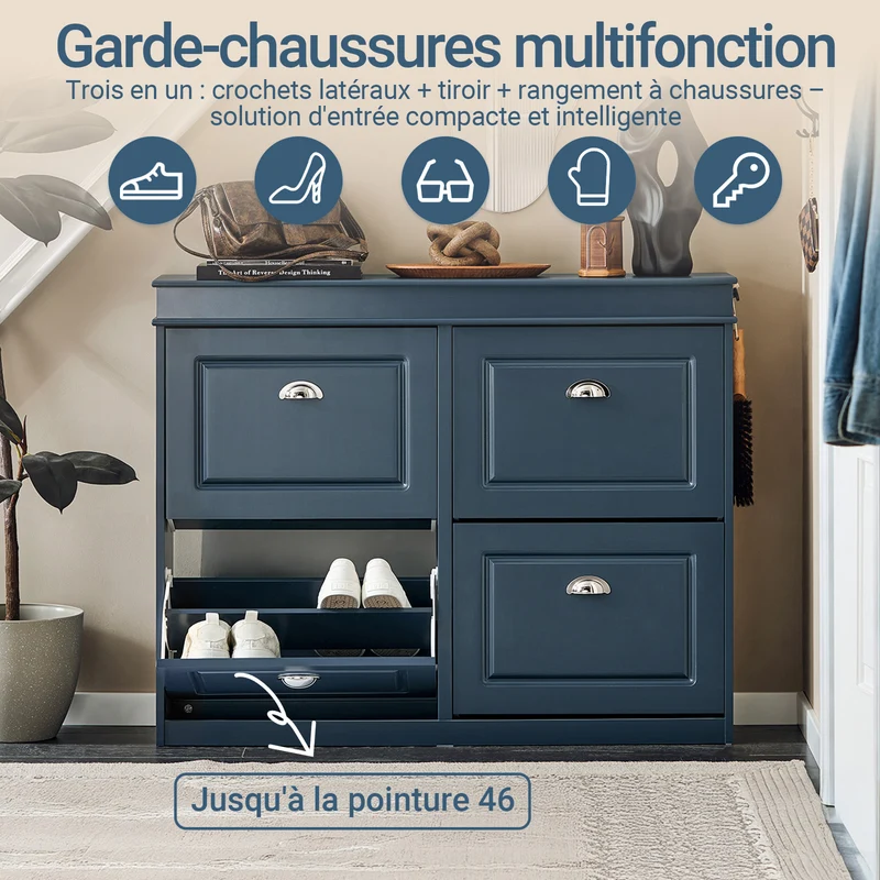 SoBuy FSR79-B Meuble à Chaussures Bleu Slim 24 cm – 16 Paires, Tiroir, Crochet, FSC®
