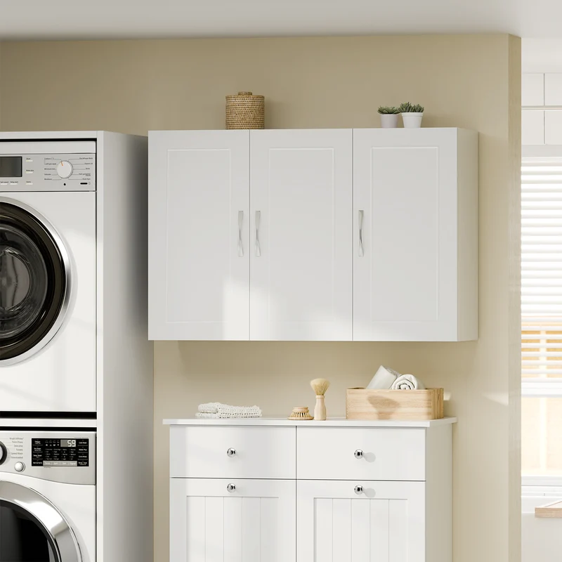 SoBuy FRG231-L-W Meuble Haut Suspendu 90 cm – 3 Portes, Étagère Réglable – Blanc