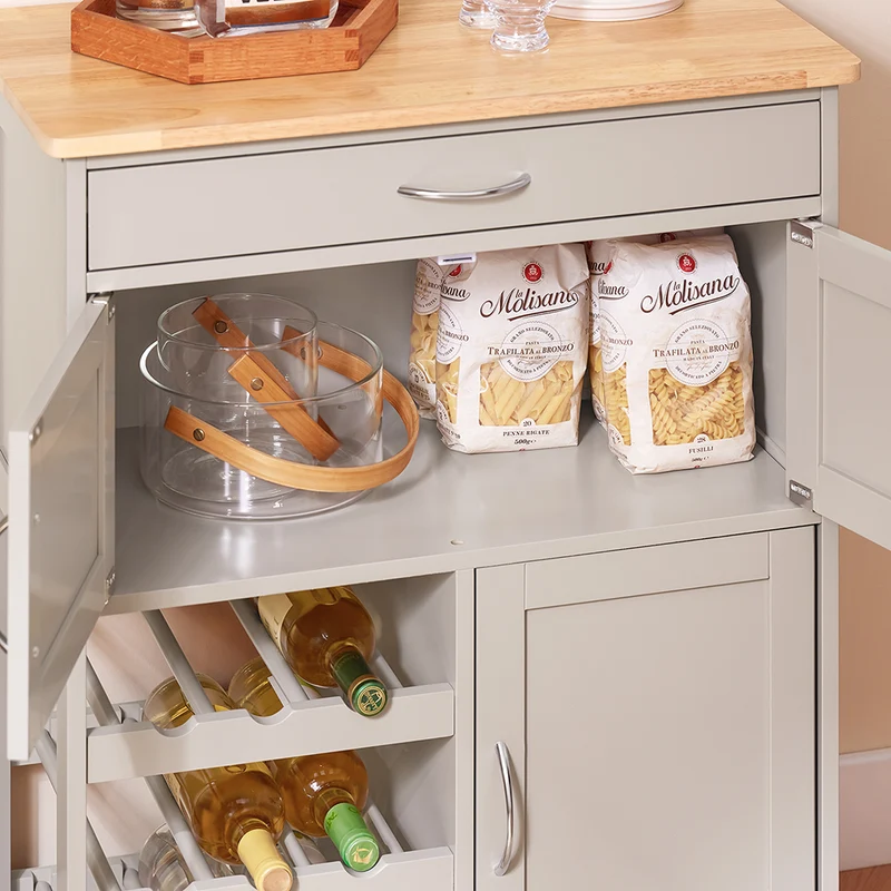 SoBuy FKW45-KA Desserte Cuisine sur Roulettes – Plan Hévéa, Casier à Vin, 1 Tiroir, 1 Placard – 67×38×86 cm, Marron Clair