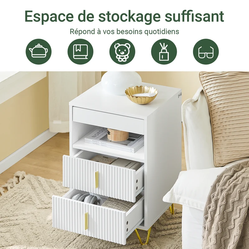 SoBuy FBT168-W Table de Chevet Chic Blanc et Doré – 3 Tiroirs et Étagère, Style Moderne