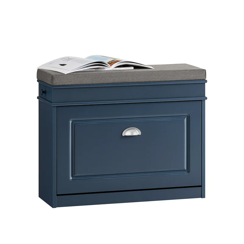 SoBuy FSR82-L-B Banc à Chaussures 75 cm avec Coussin Amovible, Abattant 2 Niveaux, Tiroir et Crochet, 150 kg, FSC® – Slim 24 cm, Bleu