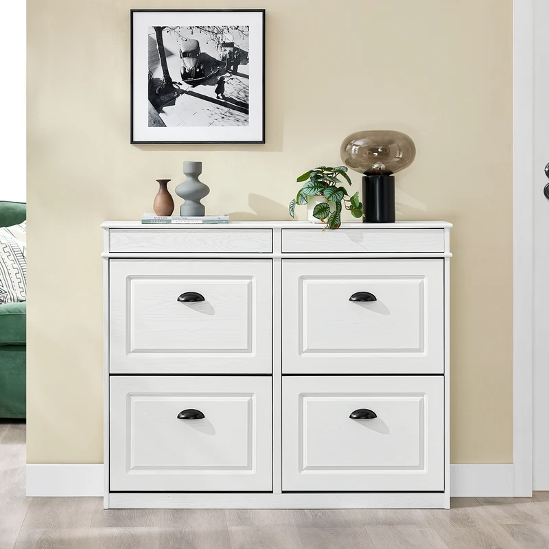 SoBuy FSR64-WG + FSR79-WG Ensemble Armoire à Chaussures avec Coussin et 4 Abattants, Gain de Place – Effet Bois Vieilli Blanc