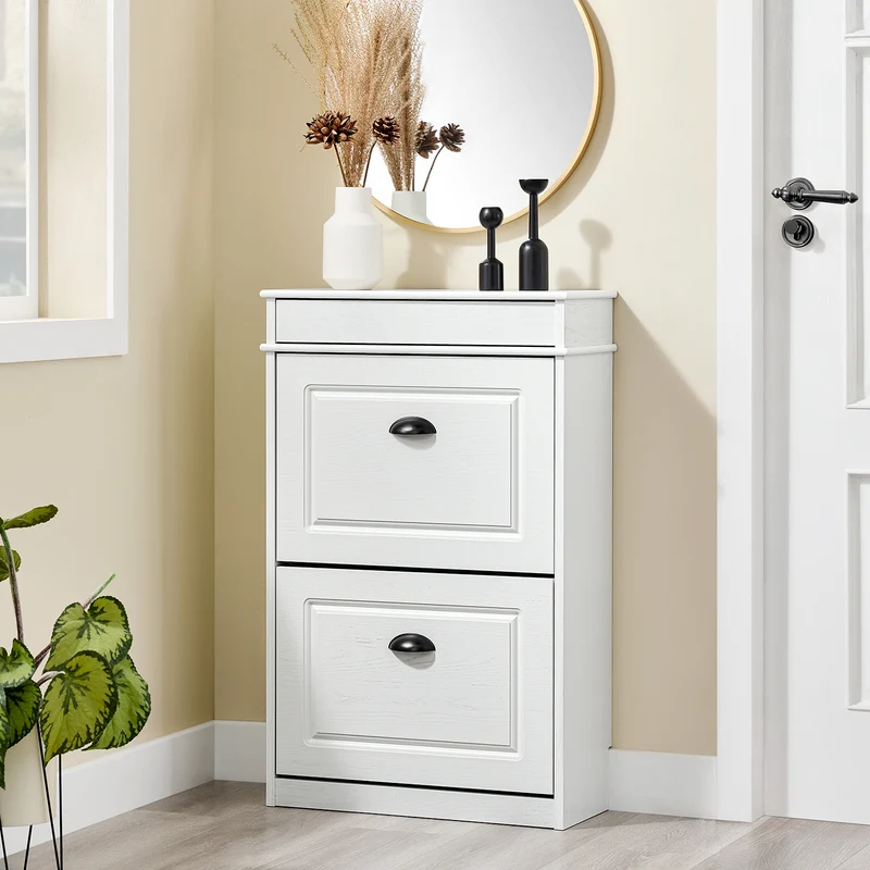 SoBuy FSR79-WG + FSR78-WG Ensemble Armoire à Chaussures 4 + 2 Abattants, Rangement 24 Paires, Gain de Place – Effet Bois Vieilli Blanc