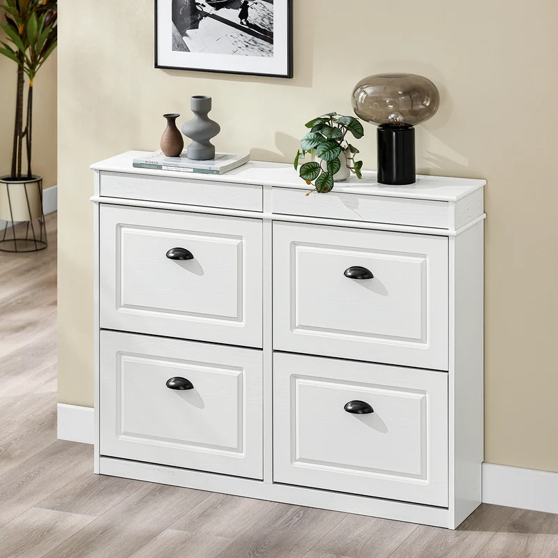SoBuy FSR64-WG + FSR79-WG Ensemble Armoire à Chaussures avec Coussin et 4 Abattants, Gain de Place – Effet Bois Vieilli Blanc