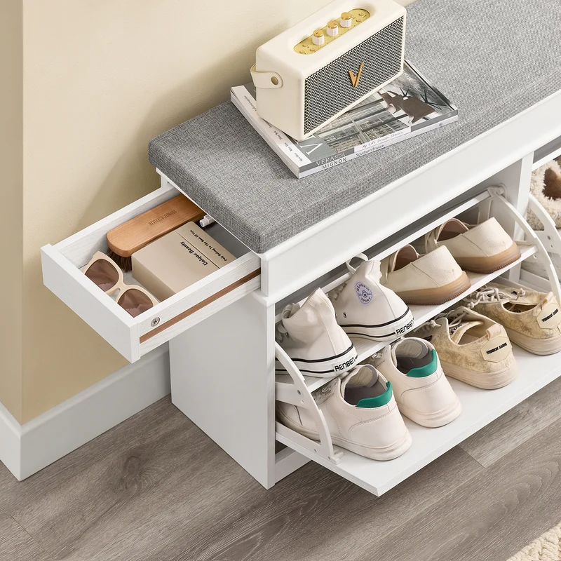 SoBuy FSR64-WG + FSR79-WG Ensemble Armoire à Chaussures avec Coussin et 4 Abattants, Gain de Place – Effet Bois Vieilli Blanc