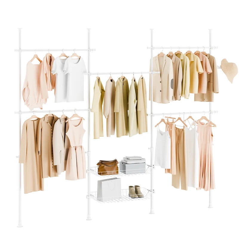 SoBuy KLS04-II-W Portant à vêtements télescopique solide - Penderie ouverte réglable avec tringles et étagères, Porte manteau pour chambre/dressing, Blanc