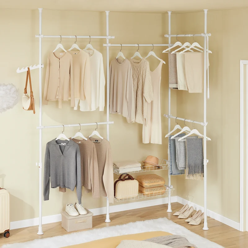 SoBuy KLS04-II-W Portant à vêtements télescopique solide - Penderie ouverte réglable avec tringles et étagères, Porte manteau pour chambre/dressing, Blanc