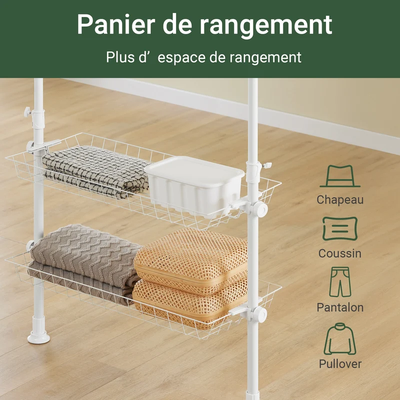 SoBuy KLS04-II-W Portant à vêtements télescopique solide - Penderie ouverte réglable avec tringles et étagères, Porte manteau pour chambre/dressing, Blanc