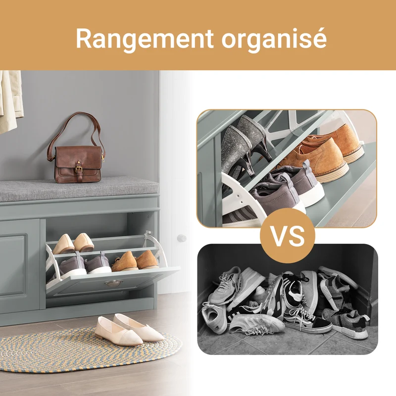 SoBuy Lot FSR64-HG + FSR79-HG – Ensemble Meubles à Chaussures Gris, Banc avec Coussin + Meuble 4 Abattants 16 Paires, Rangement Entrée 2 Pièces
