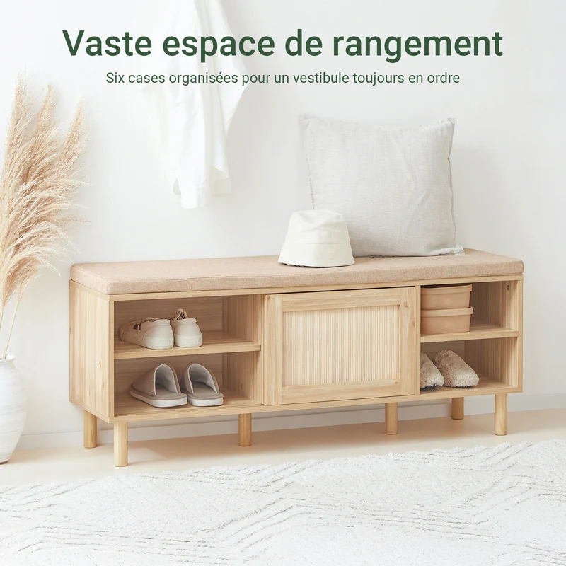 SoBuy Lot FSR163-N + FSR160-N – Ensemble Meubles à Chaussures Couleur Naturelle, Banc avec Coussin + Armoire 2 Abattants, Rangement Entrée 2 Pièces