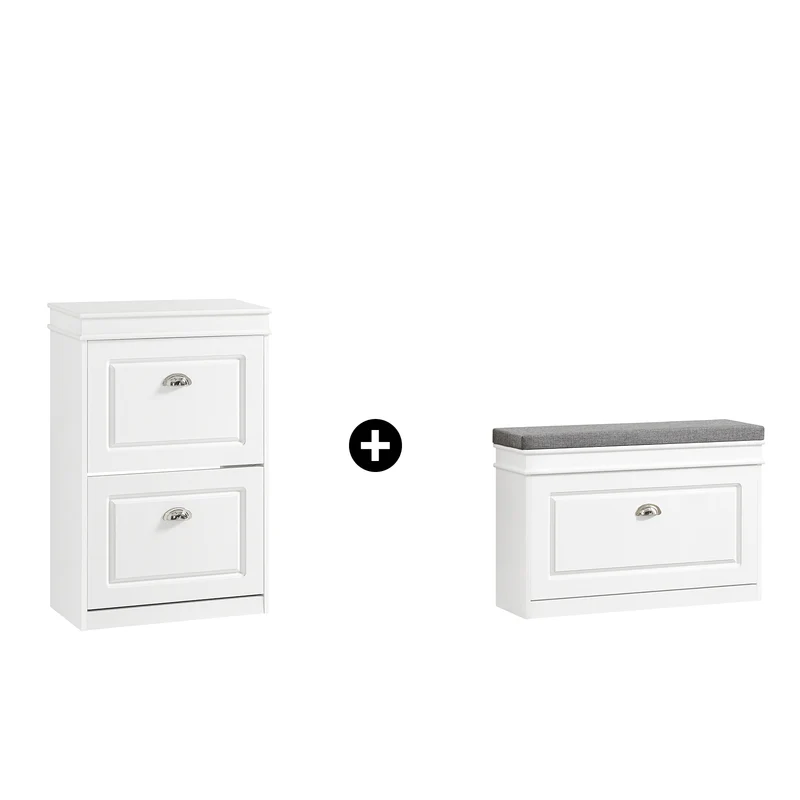 SoBuy Lot FSR82-L-W + FSR78-W – Ensemble Meubles à Chaussures Blanc, Banc avec Coussin + Meuble 2 Abattants 8 Paires, Rangement Entrée 2 Pièces