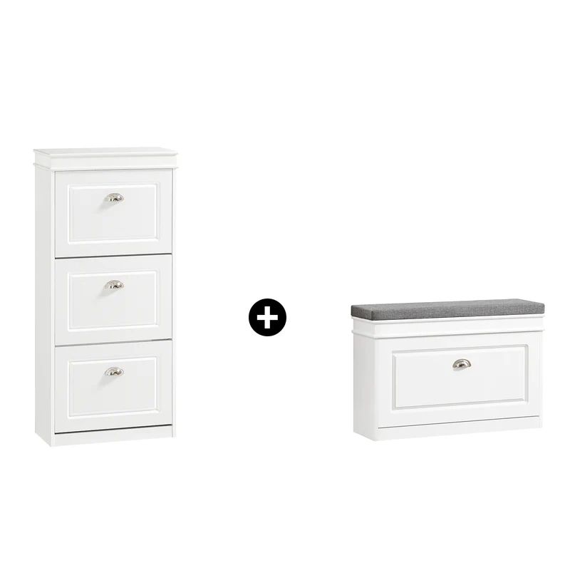 SoBuy Lot FSR82-L-W + FSR94-W – Ensemble Meubles à Chaussures Blanc, Banc avec Coussin + Meuble 3 Abattants 12 Paires, Rangement Entrée 2 Pièces
