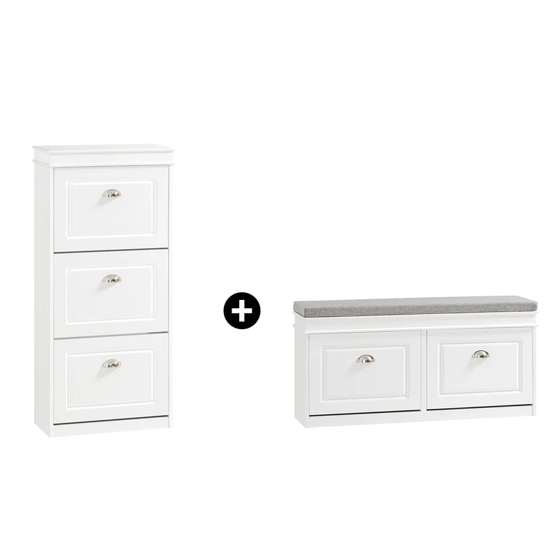 SoBuy Lot Meubles à Chaussures Blanc FSR94-W + FSR64-W – Armoire 3 Abattants 12 Paires & Banc à Chaussures avec Rangement & Coussin, Entrée Étroit
