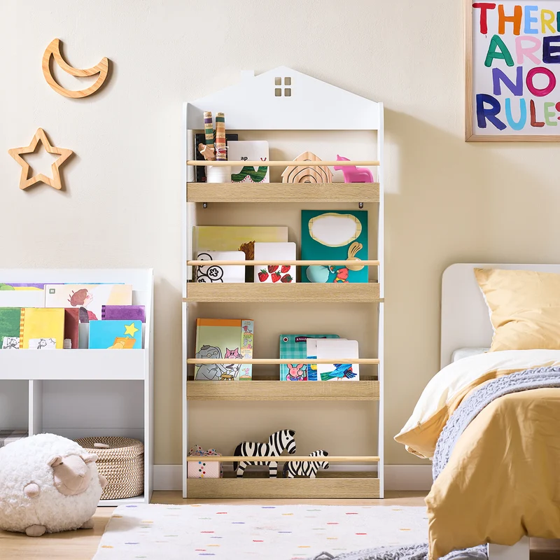 SoBuy KMB121-WN Bibliotheque Enfant Étagère Livre Enfant 4 Niveaux Meuble Rangement Jouet Bibliothèque Meuble de Rangement Etagere Chambre Blanc-Naturel 60x15x130.5 cm