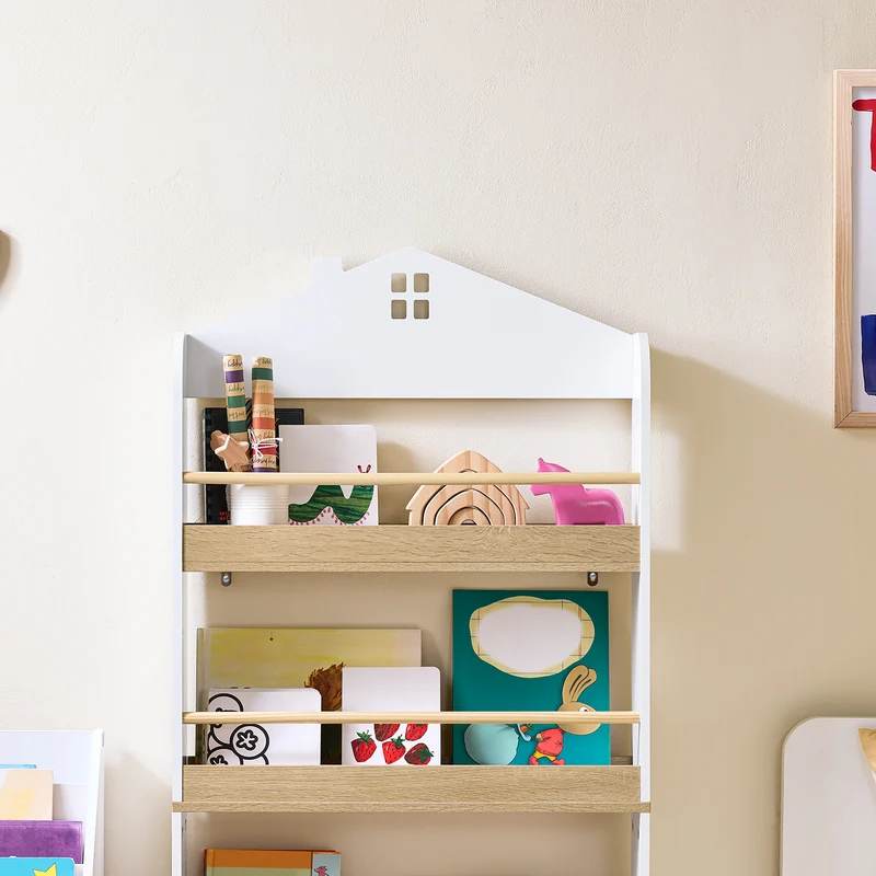 SoBuy KMB121-WN Bibliotheque Enfant Étagère Livre Enfant 4 Niveaux Meuble Rangement Jouet Bibliothèque Meuble de Rangement Etagere Chambre Blanc-Naturel 60x15x130.5 cm