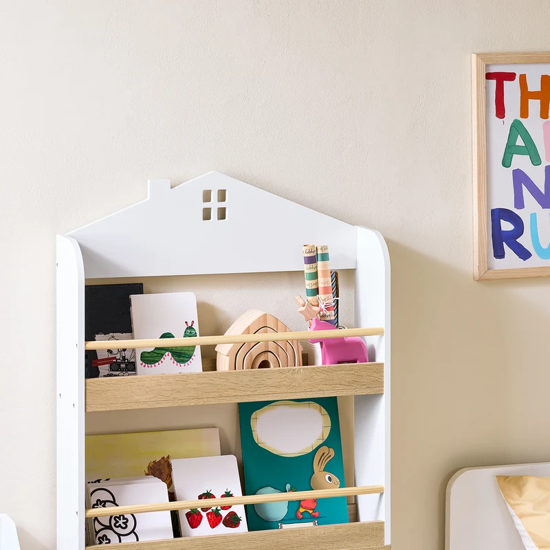 SoBuy KMB121-WN Bibliotheque Enfant Étagère Livre Enfant 4 Niveaux Meuble Rangement Jouet Bibliothèque Meuble de Rangement Etagere Chambre Blanc-Naturel 60x15x130.5 cm