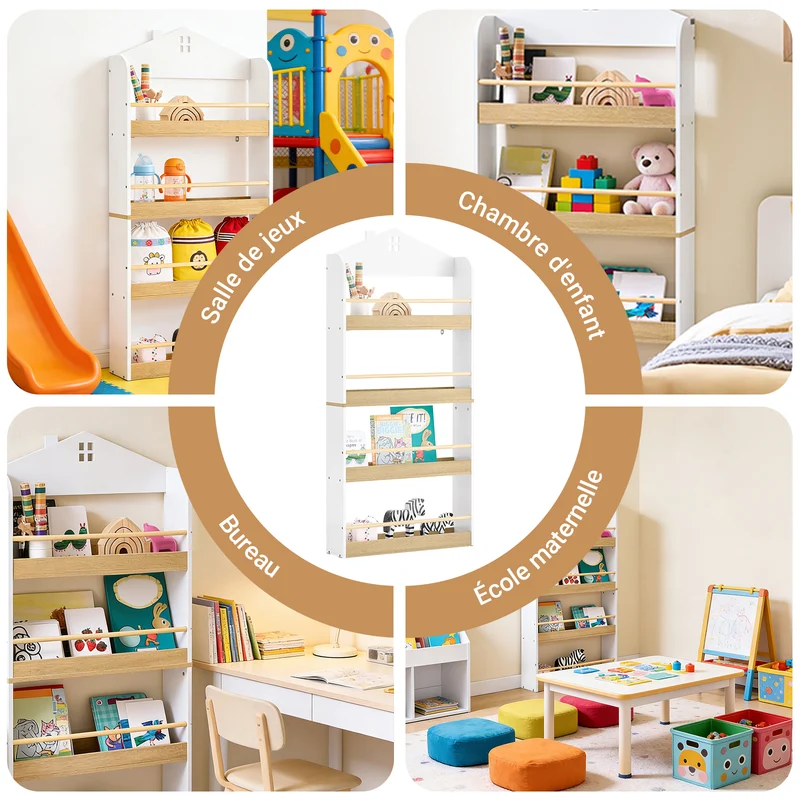 SoBuy KMB121-WN Bibliotheque Enfant Étagère Livre Enfant 4 Niveaux Meuble Rangement Jouet Bibliothèque Meuble de Rangement Etagere Chambre Blanc-Naturel 60x15x130.5 cm