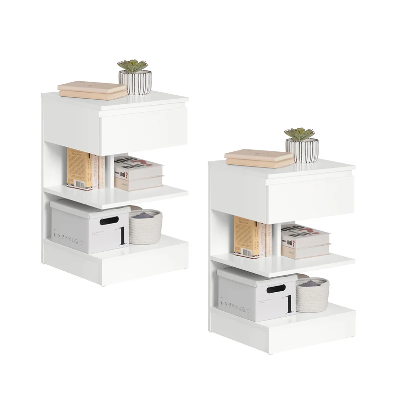 SoBuy FBT49-Wx2 Lot de 2 Table de Chevet - Table de Nuit avec 1 tiroir et 2 étagères, Table d'appoint pour Chambre à Coucher - Meuble de Rangement Moderne L39 x P39 x H65 cm Blanc