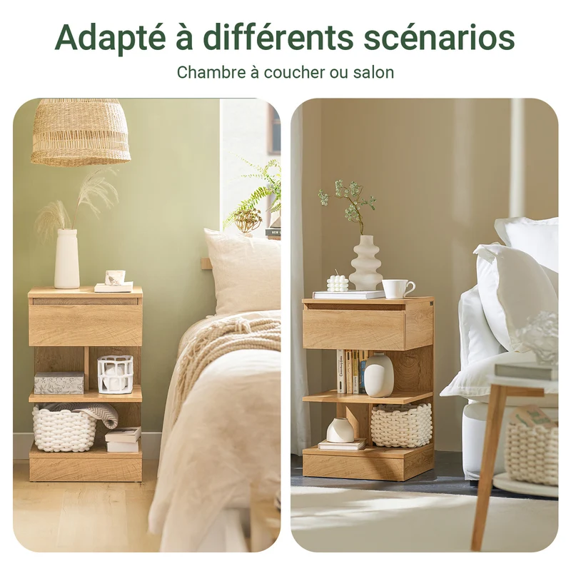 SoBuy FBT49-Nx2 Lot de 2 Table de Chevet - Table de Nuit avec 1 tiroir et 2 étagères, Table d'appoint pour Chambre à Coucher - Meuble de Rangement Moderne L39 x P39 x H65 cm Naturel