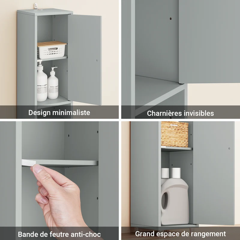 SoBuy BZR34-II-HG Colonne Salle de Bain Ultra-Étroite 20×20×180 cm – Tiroir Central, Étagères Réglables, Gris