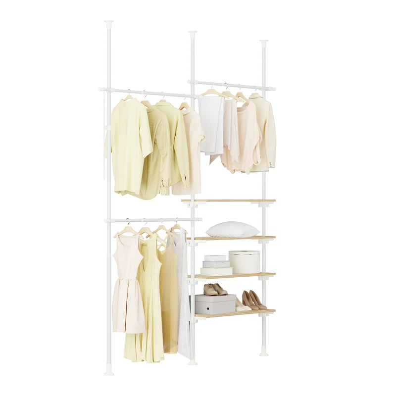 SoBuy KLS17-WN Portant à vêtements télescopique avec 3 tringles et 4 étagères – Blanc / Bois naturel