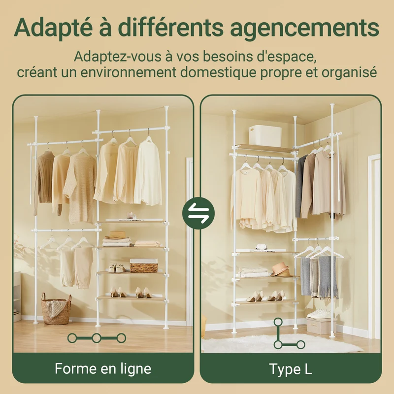 SoBuy KLS17-WN Portant à vêtements télescopique avec 3 tringles et 4 étagères – Blanc / Bois naturel