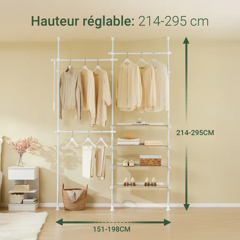 SoBuy KLS17-WN Portant à vêtements télescopique avec 3 tringles et 4 étagères – Blanc / Bois naturel